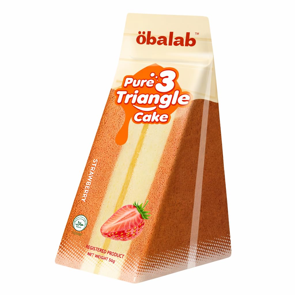 öbalab Pure 3 Triangle Cake Strawberry Flavour 100g By Cougar | Soft Sponge Cake with Fruity Taste | Ready to Eat Bakery Snack | Individually Packed | Halal Certified Sweet Dessert for Tea Time - (Imported)