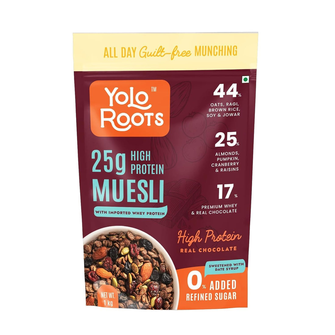 Yolo Roots Whey Protein Dark Chocolate Muesli 1kg | 25g Protein Per Serving | Real Dark Chocolate, Almonds, Pumpkin Seeds & Cranberries | Multigrain Breakfast Cereal | No Added Chemicals