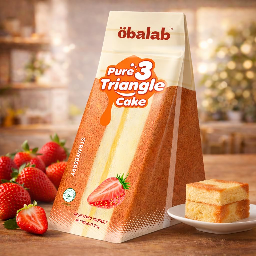 öbalab Pure 3 Triangle Cake Strawberry Flavour 100g By Cougar | Soft Sponge Cake with Fruity Taste | Ready to Eat Bakery Snack | Individually Packed | Halal Certified Sweet Dessert for Tea Time - (Imported)