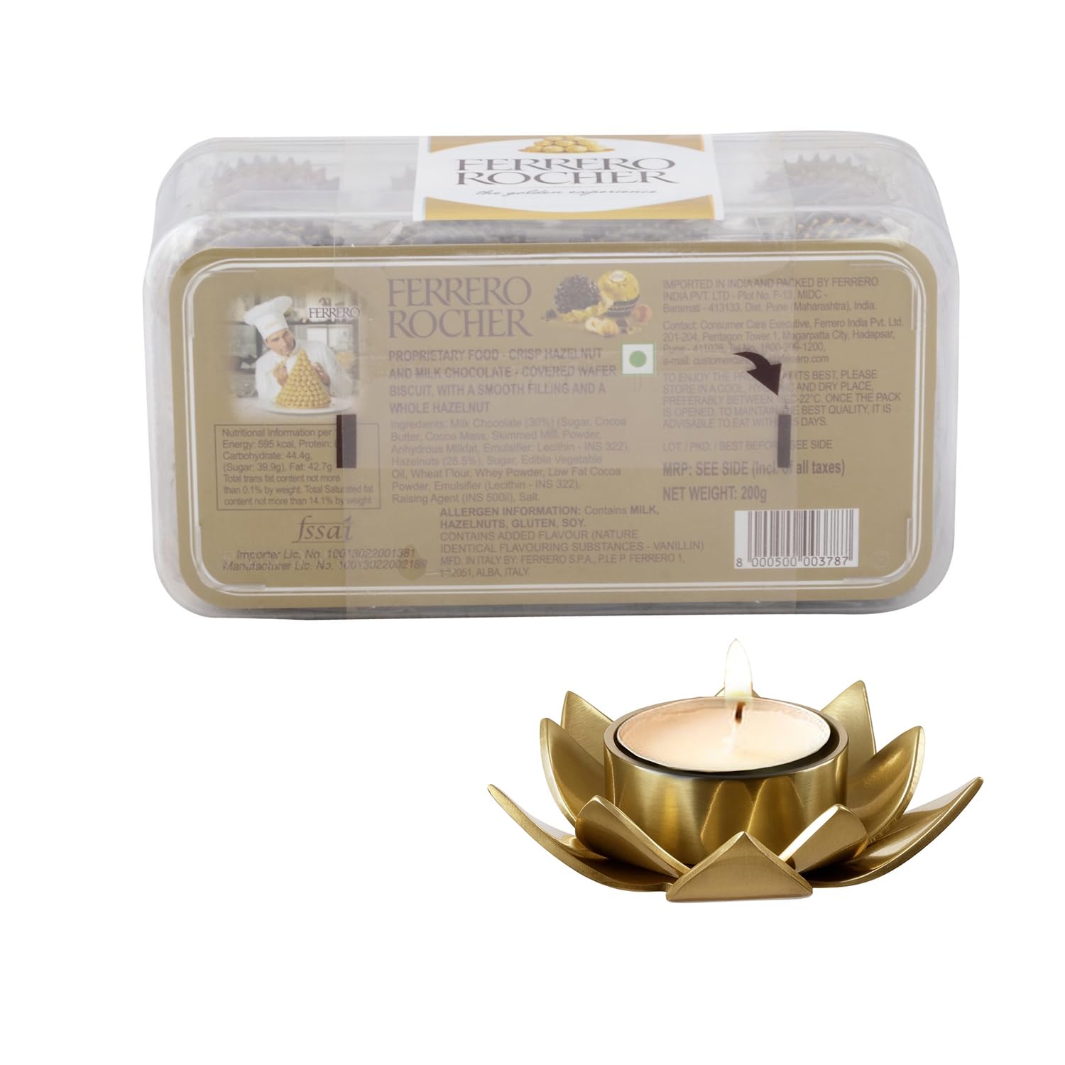 Pocket Kitchen Fererro Rochar Chocolate T16 Pack (200g) with 3cm Decorative Metallic Diya and Tealight – Perfect Festive Gift for Diwali, Weddings, and Special Occasions