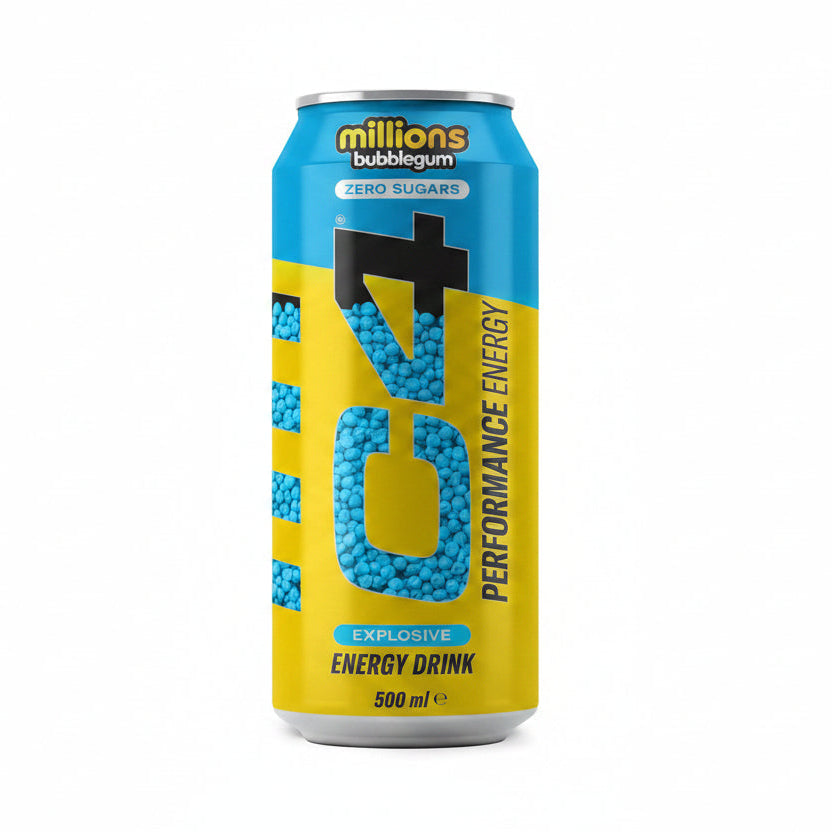 C4 Performance Energy Drink Millions Bubblegum Flavor Zero Sugar Powerful Energy Boost,500 ml Can (From UK)