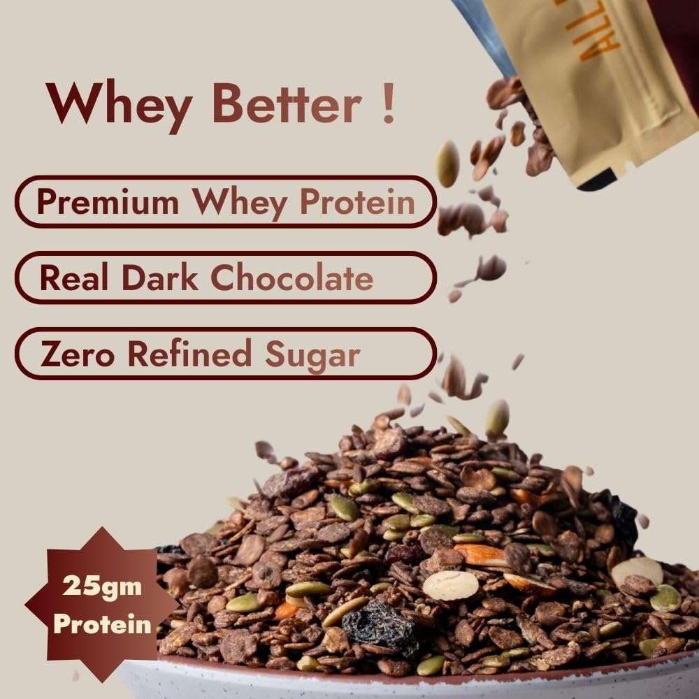 Yolo Roots Whey Protein Dark Chocolate Muesli 1kg | 25g Protein Per Serving | Real Dark Chocolate, Almonds, Pumpkin Seeds & Cranberries | Multigrain Breakfast Cereal | No Added Chemicals
