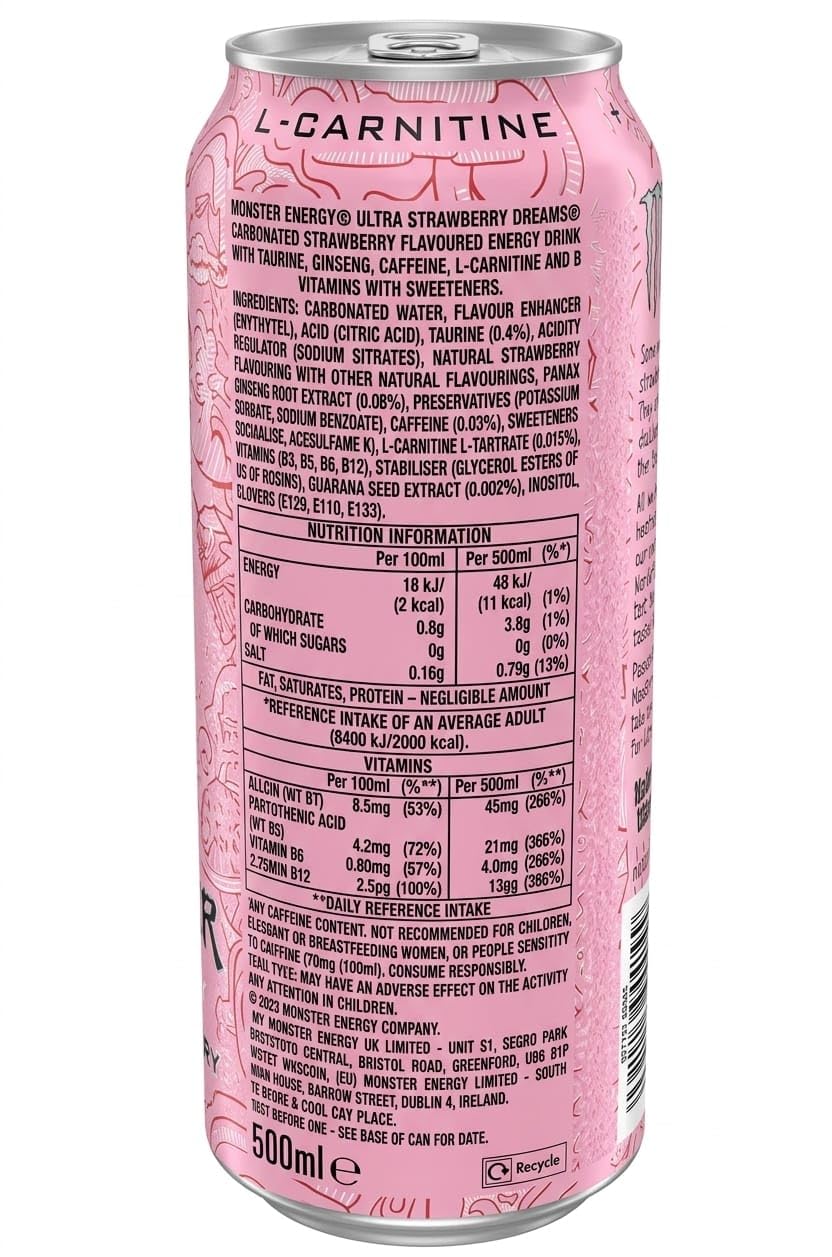 Monster Energy Ultra Strawberry Dreams, Zero Sugar, Strawberry Flavour, with Taurine, Ginseng, Caffeine, L-Carnitine and B Vitamins, 500ml