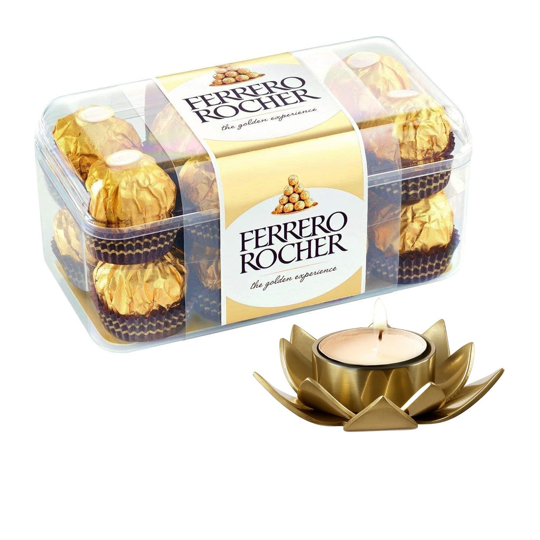 Pocket Kitchen Fererro Rochar Chocolate T16 Pack (200g) with 3cm Decorative Metallic Diya and Tealight – Perfect Festive Gift for Diwali, Weddings, and Special Occasions