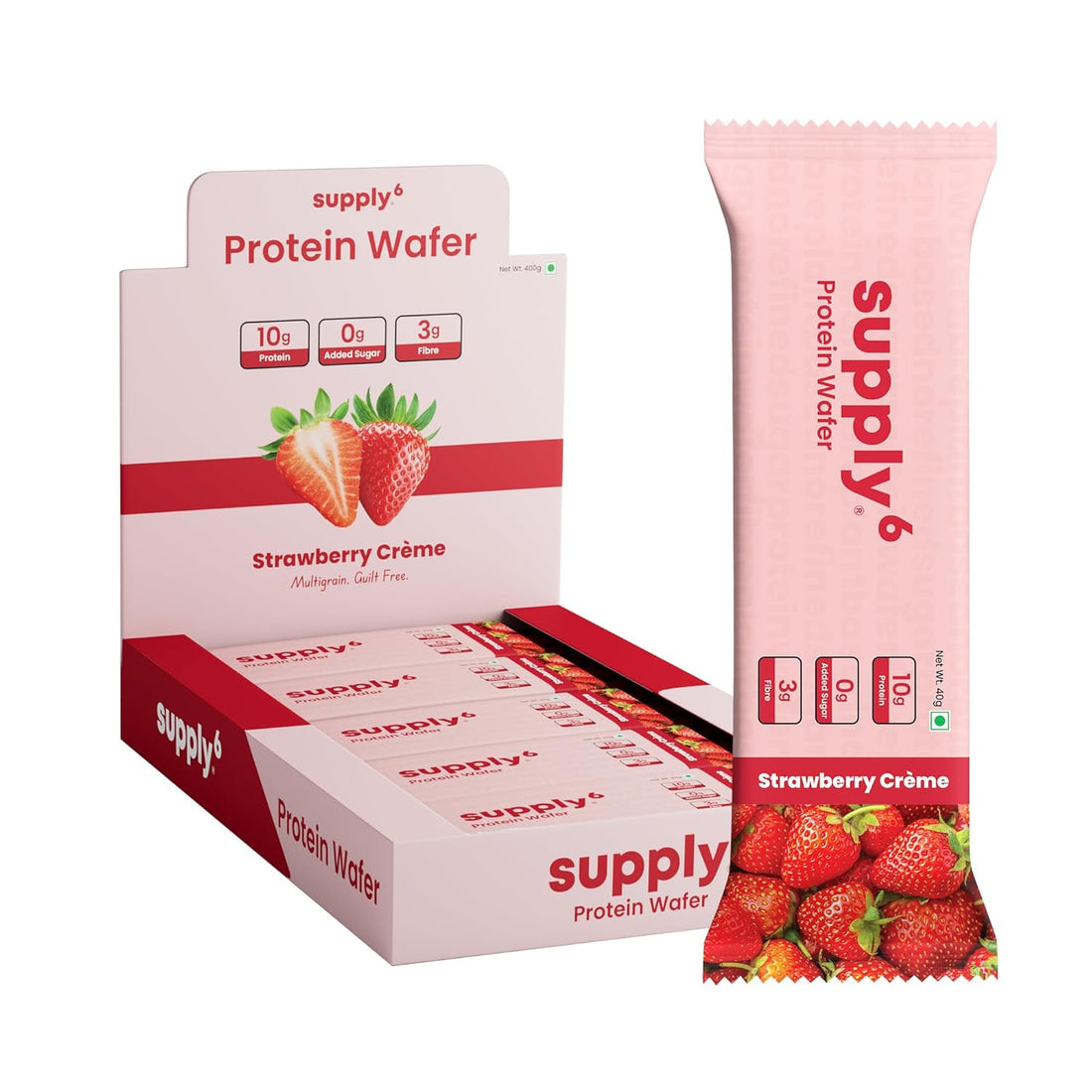 SUPPLY6 Protein Wafer Bars | Strawberry Creme | 10 Count | Multigrain Wafer | Vegetarian | High Protein Snack | Pea Protein Based | 10g Protein | 3g Fiber | No Added Sugar | 400 g