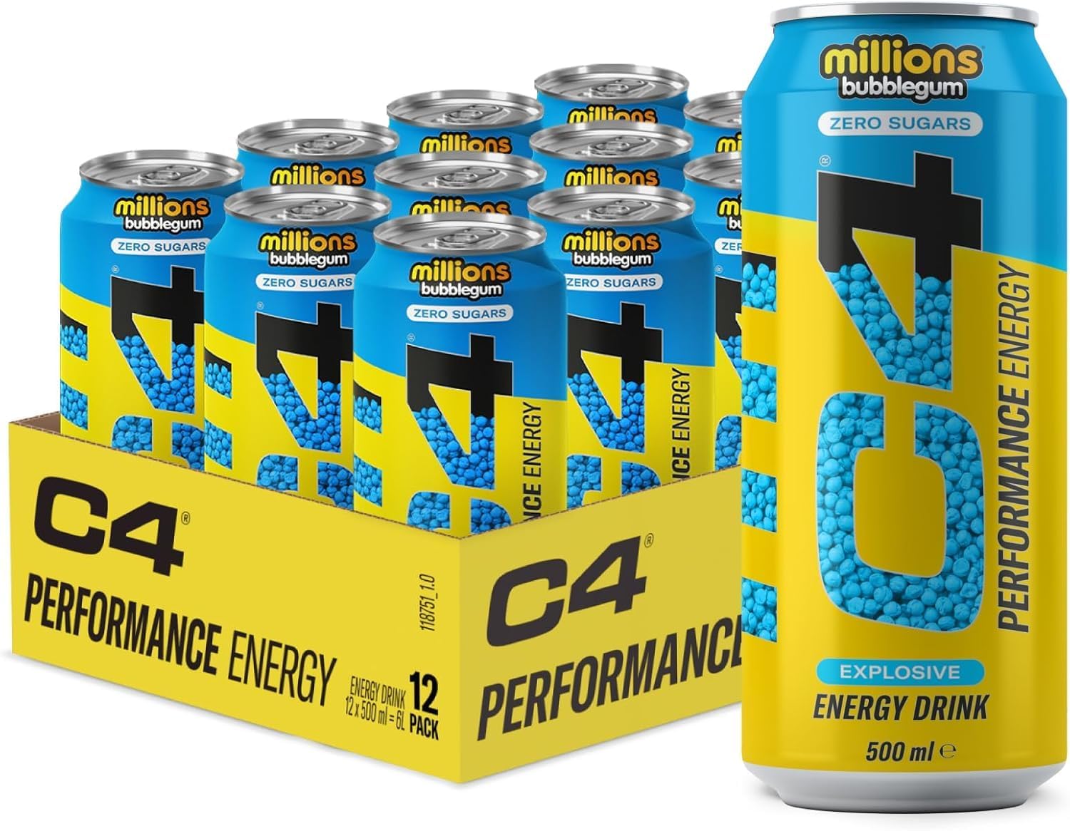 C4 Performance Energy Drink Millions Bubblegum Flavor Zero Sugar Powerful Energy Boost,500 ml Can (From UK)